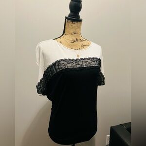 EXPRESS Black and Ivory Lace Accent Women's Top
